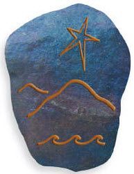 A blue rock with a star , mountains and waves on it.