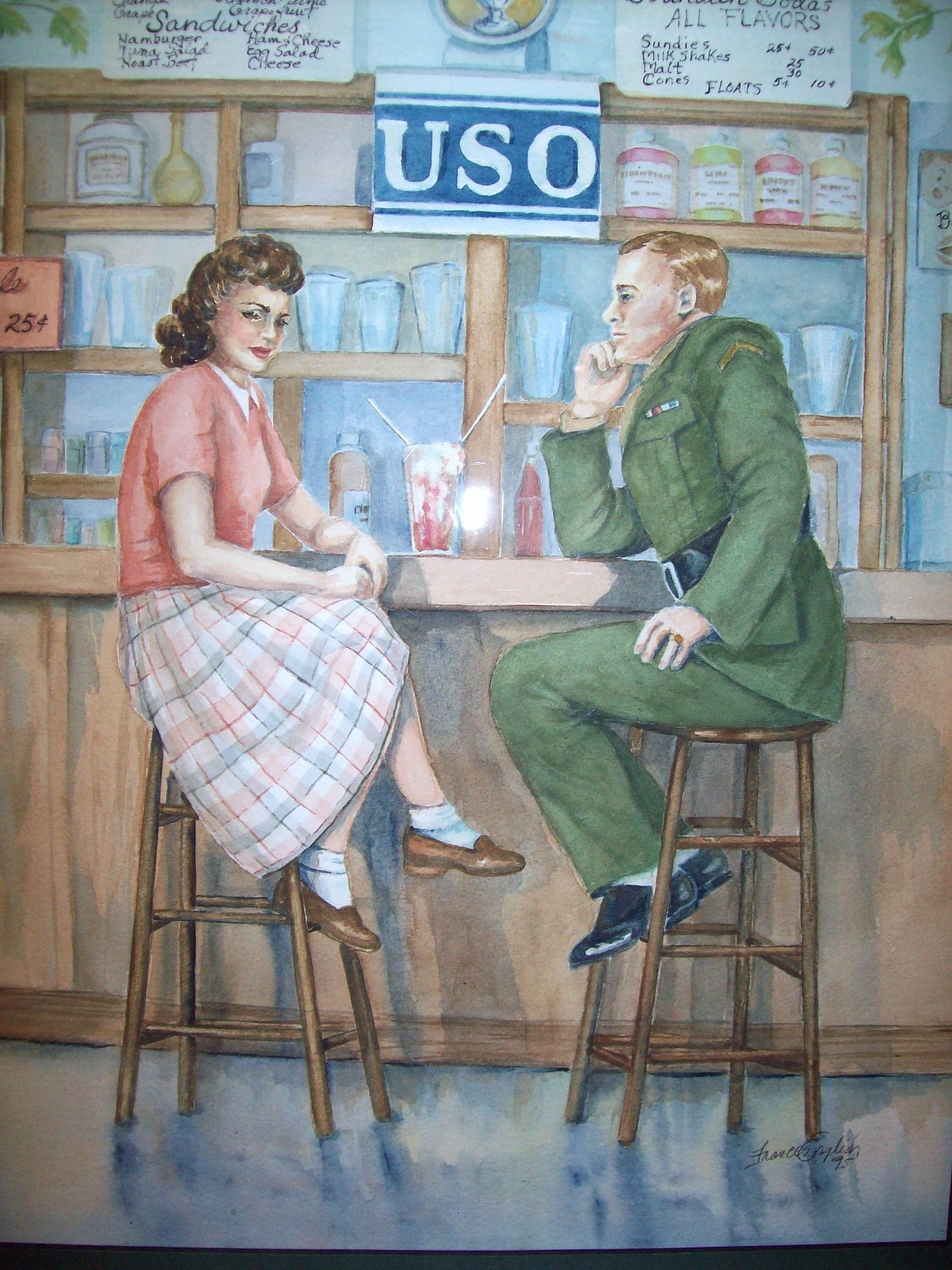 A painting of a man and woman sitting at a counter under a sign that says uso