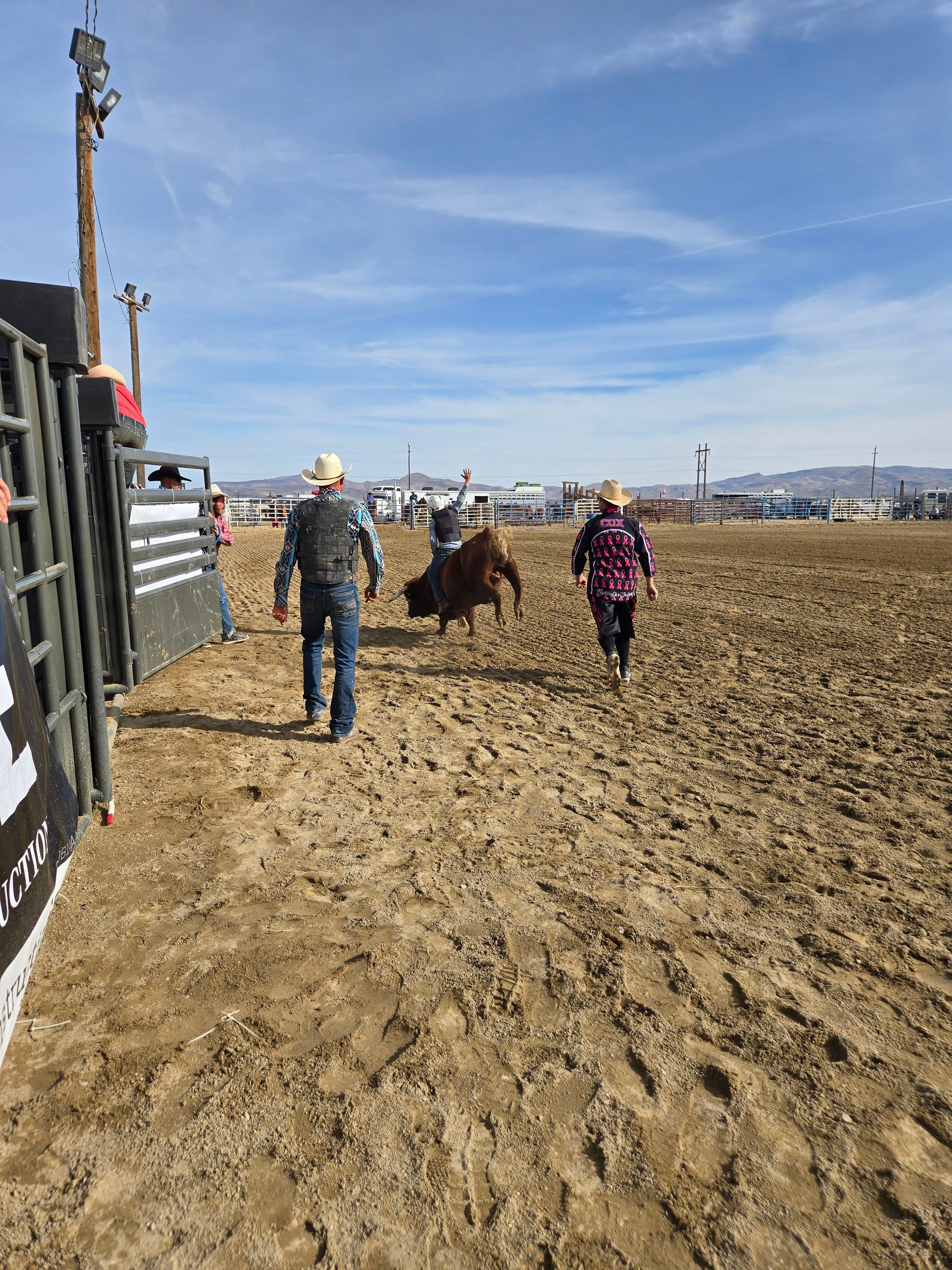 Mineral Co, NV Spring Rodeo: Bull rider on a brown bull in an arena. Two people run towards them, sunny, outdoor scene.