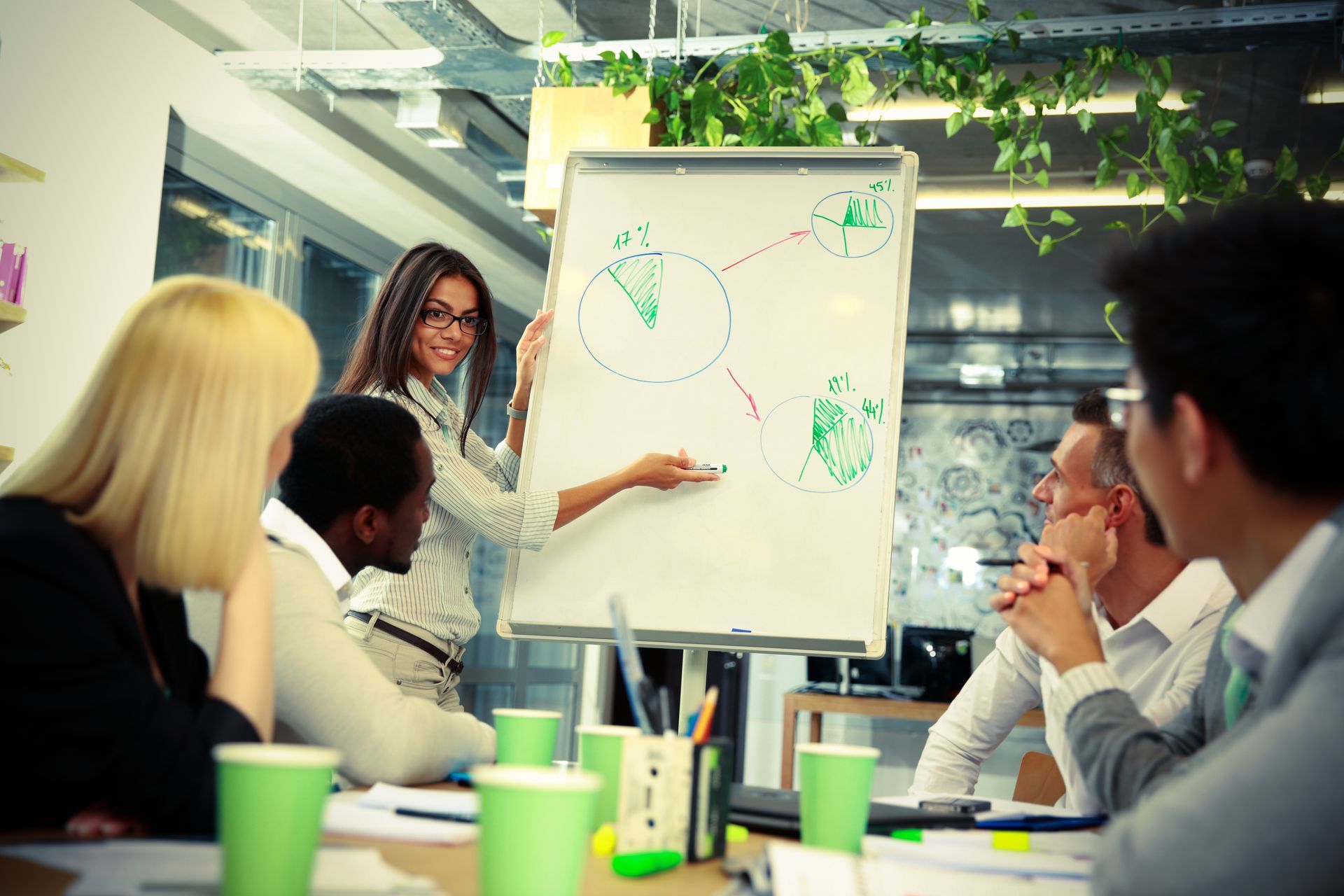 A woman is giving a presentation to a group of people sitting around a table.