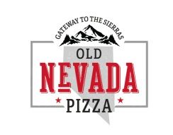 Logo for Old Nevada Pizza, red text on gray with a mountain and 