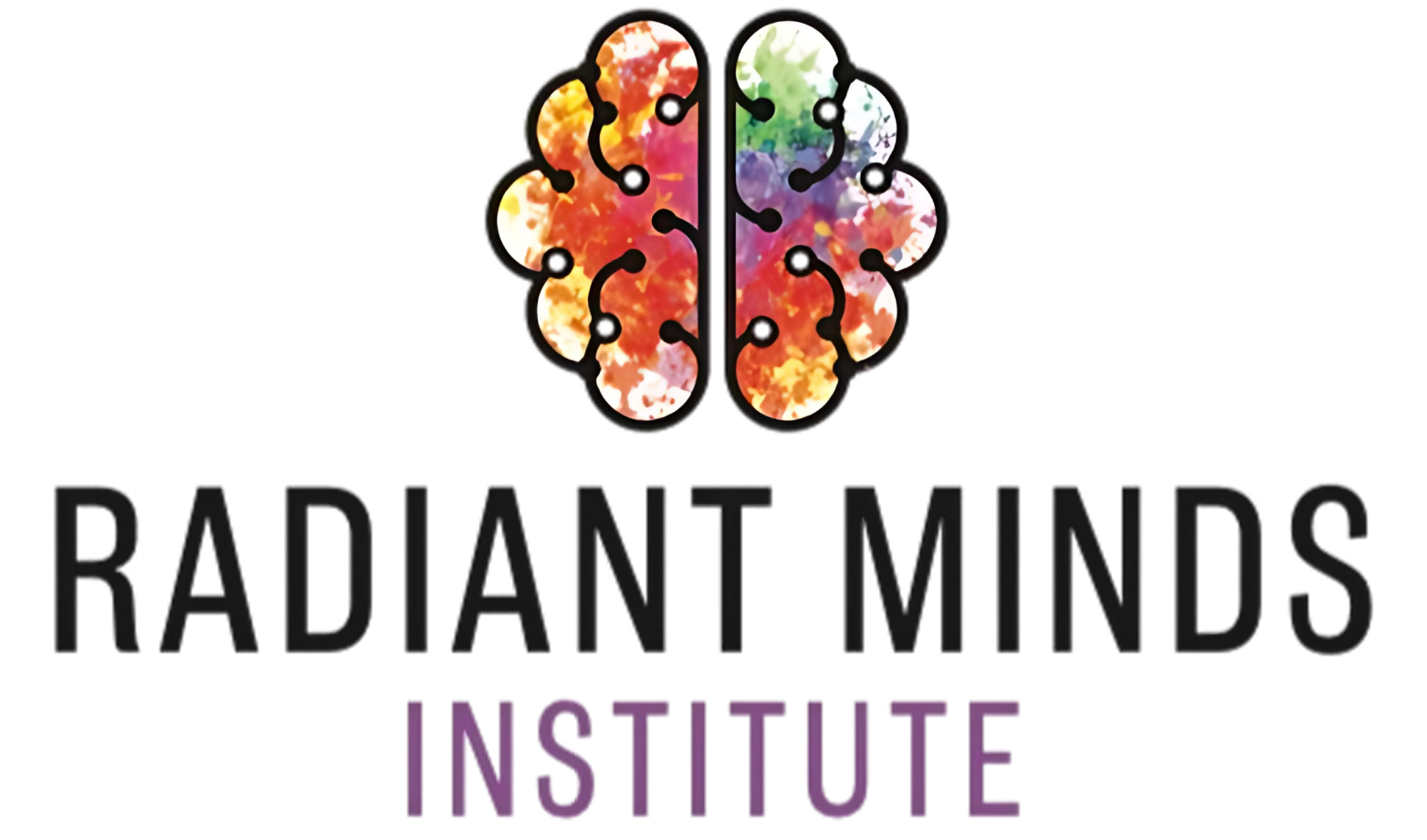 Logo for Radiant Minds Institute: Brain icon in vibrant colors above black text.