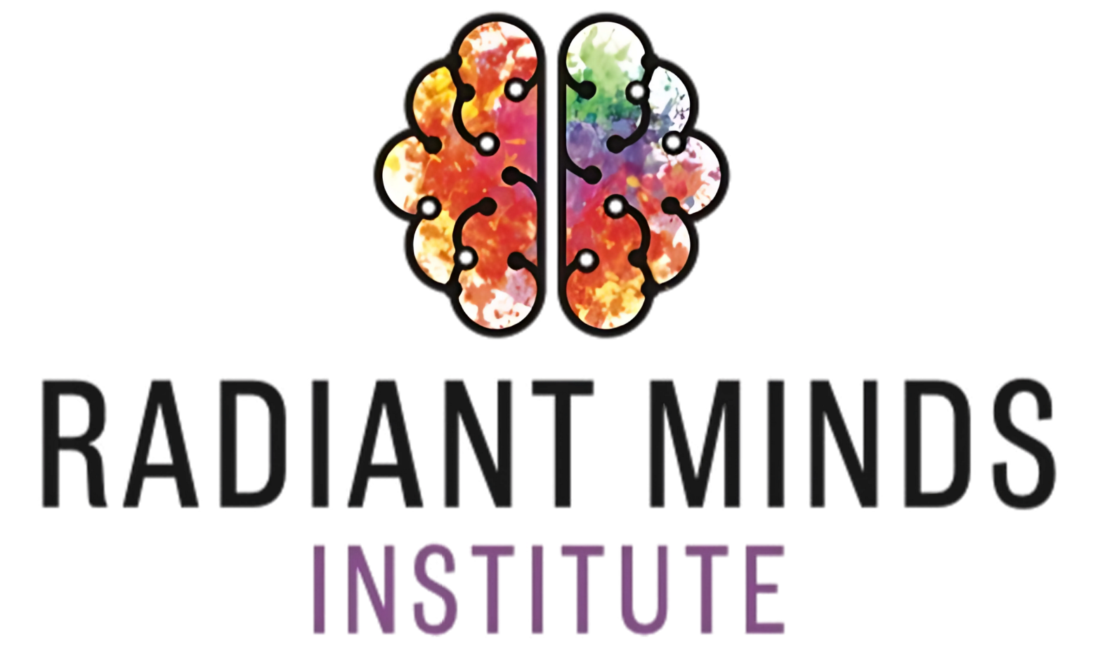 Logo for Radiant Minds Institute: brain graphic with watercolor, text below.