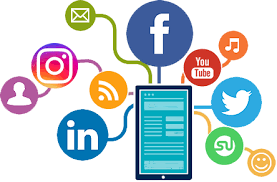 Íconos de redes sociales conectados a una tableta: Facebook, Instagram, LinkedIn, Twitter, YouTube y más.
