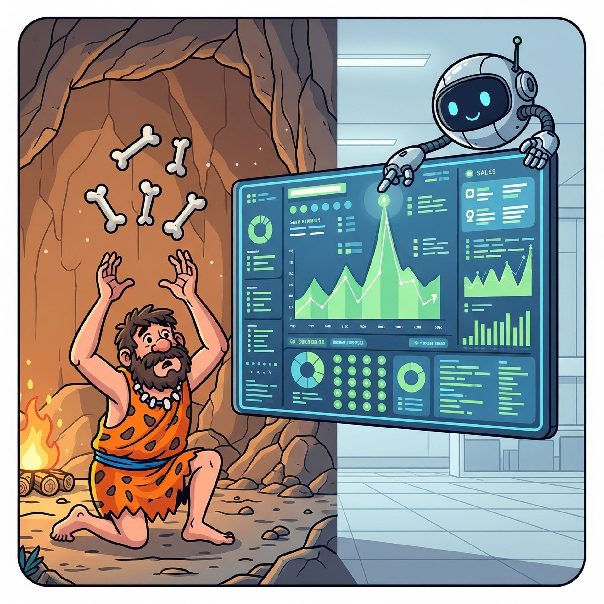 Hombre de las cavernas en una cueva comparando la adivinación de huesos con el panel de datos del robot.