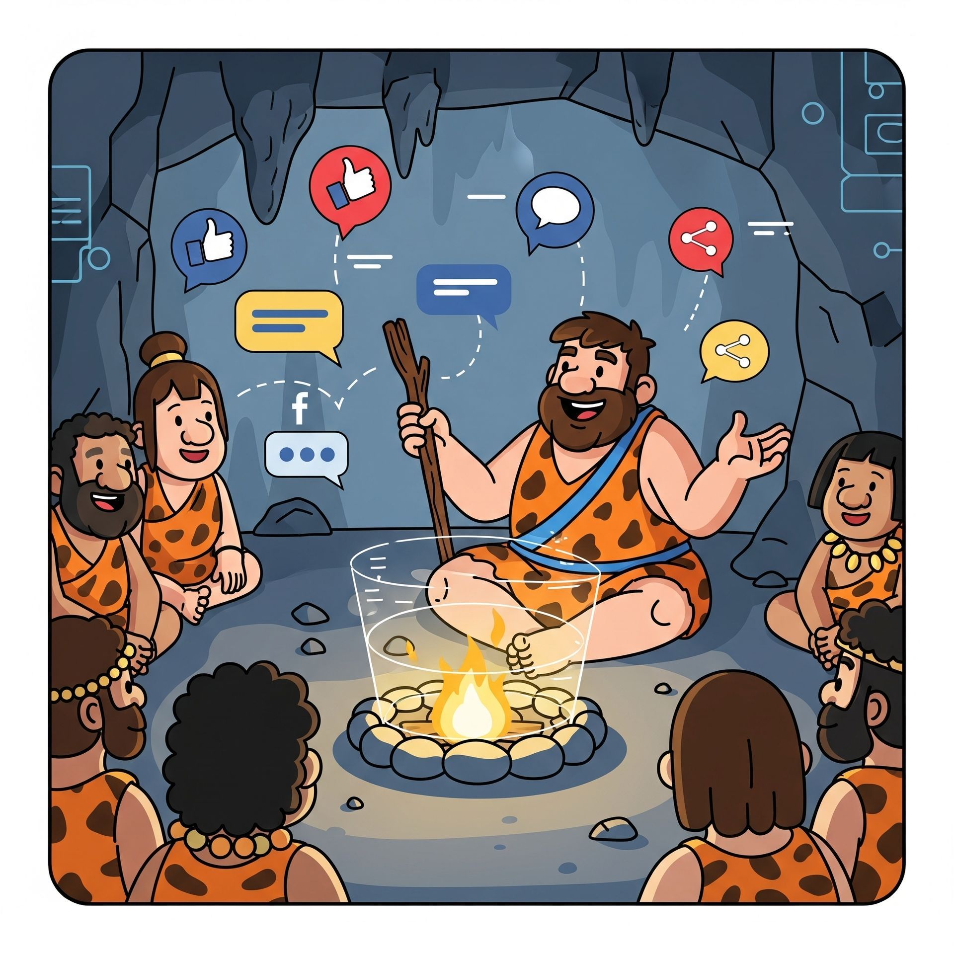 Un cavernícola con un palo, contando historias junto a una fogata. Iconos de redes sociales flotando.