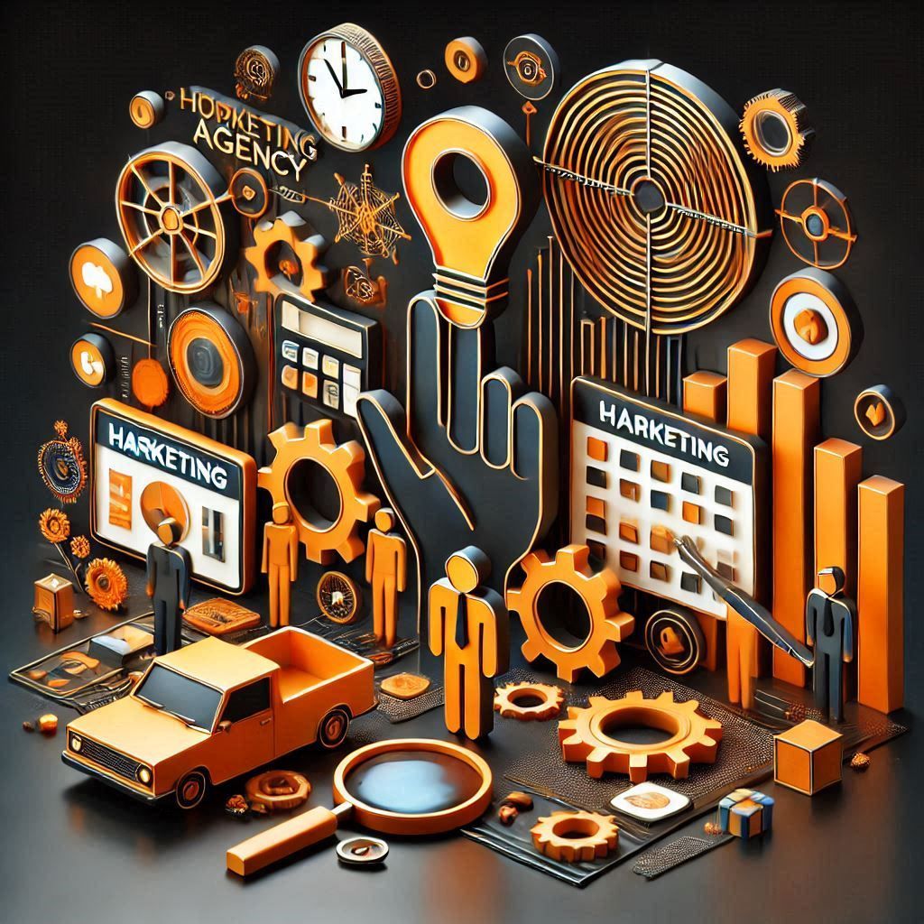 Íconos y objetos de marketing de color naranja y negro: engranajes, mano, gráfico y bombilla.