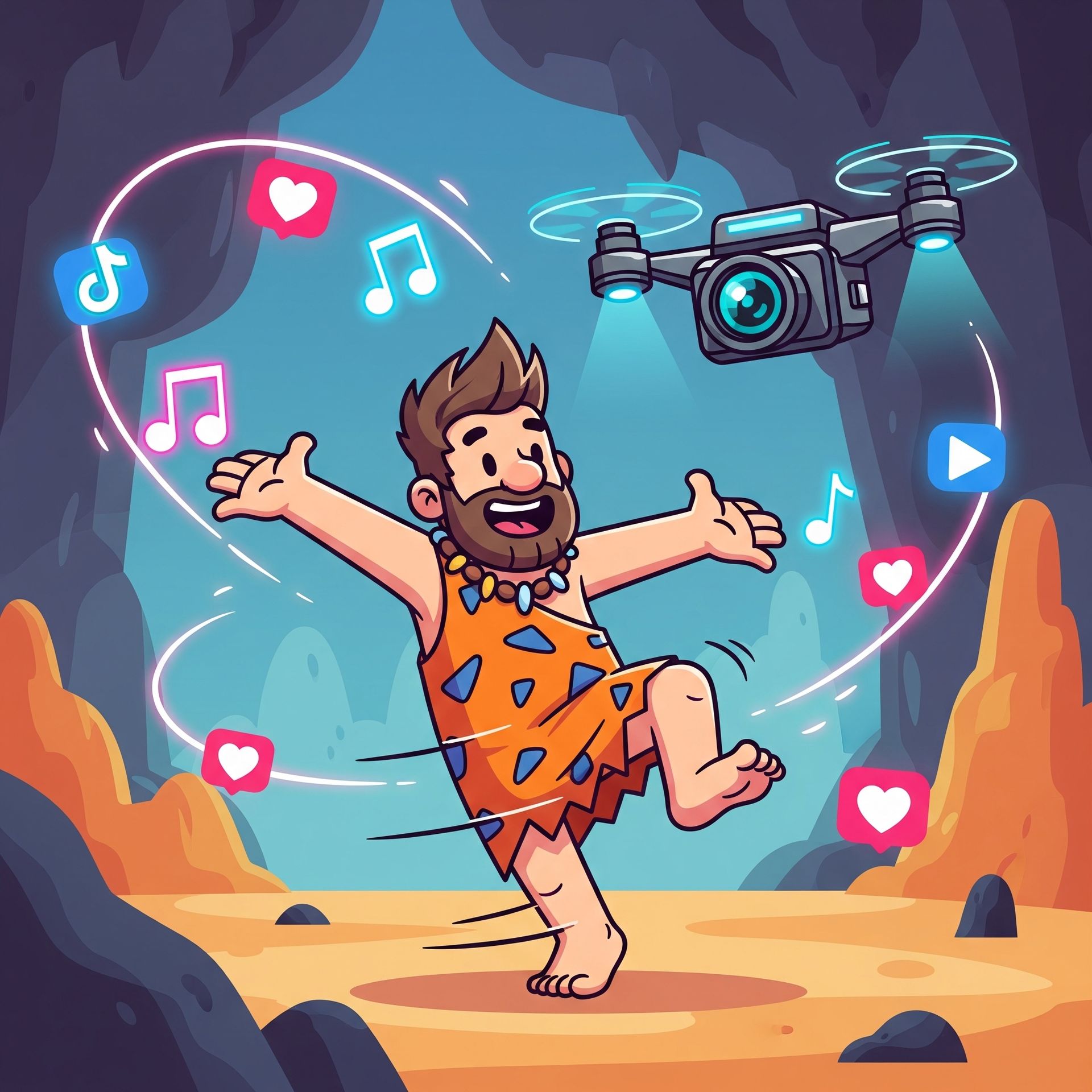 Un hombre de las cavernas baila, filmado con un dron, rodeado de íconos de las redes sociales en un entorno de cueva.