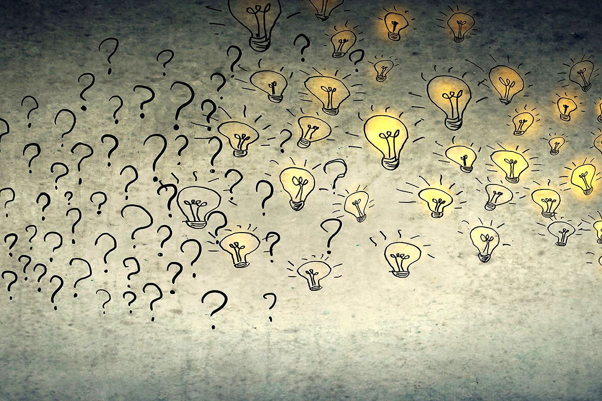 A cloud of question marks merge with a cloud of illuminated lightbulbs illustration