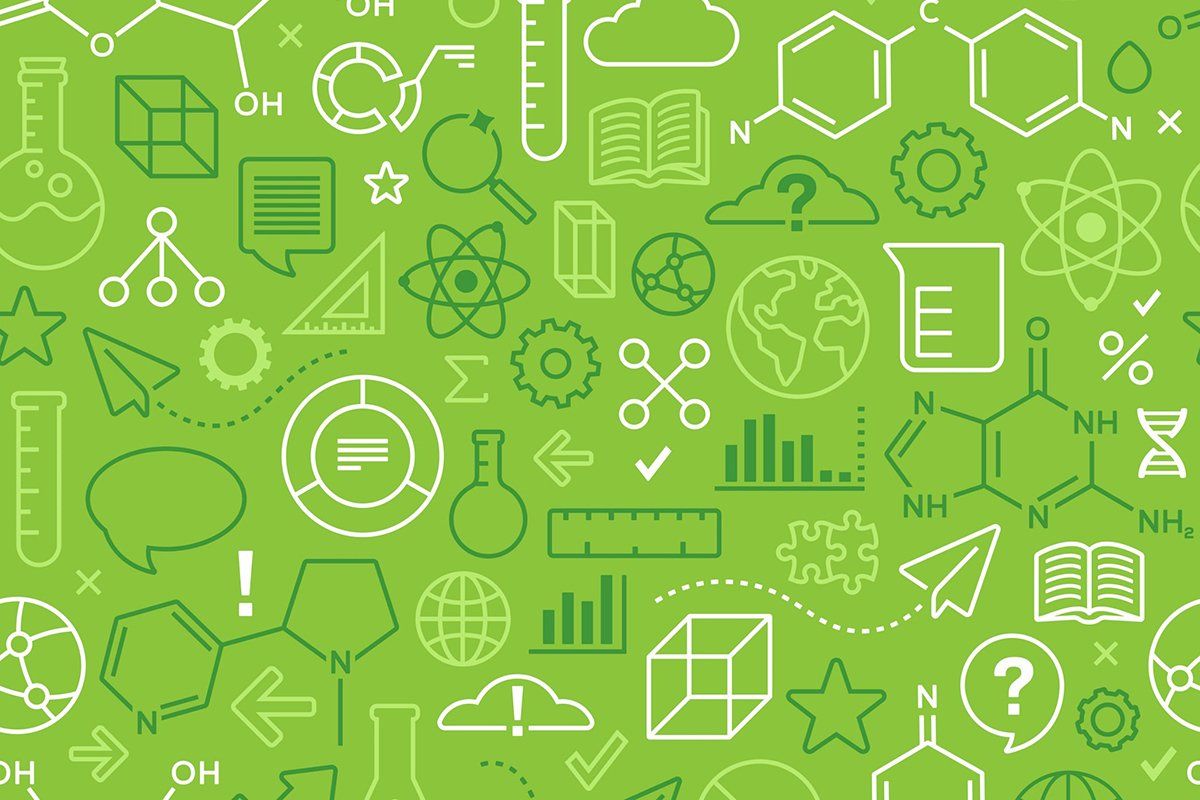 Multitude of mathematic and scientific symbols / icons on a green background
