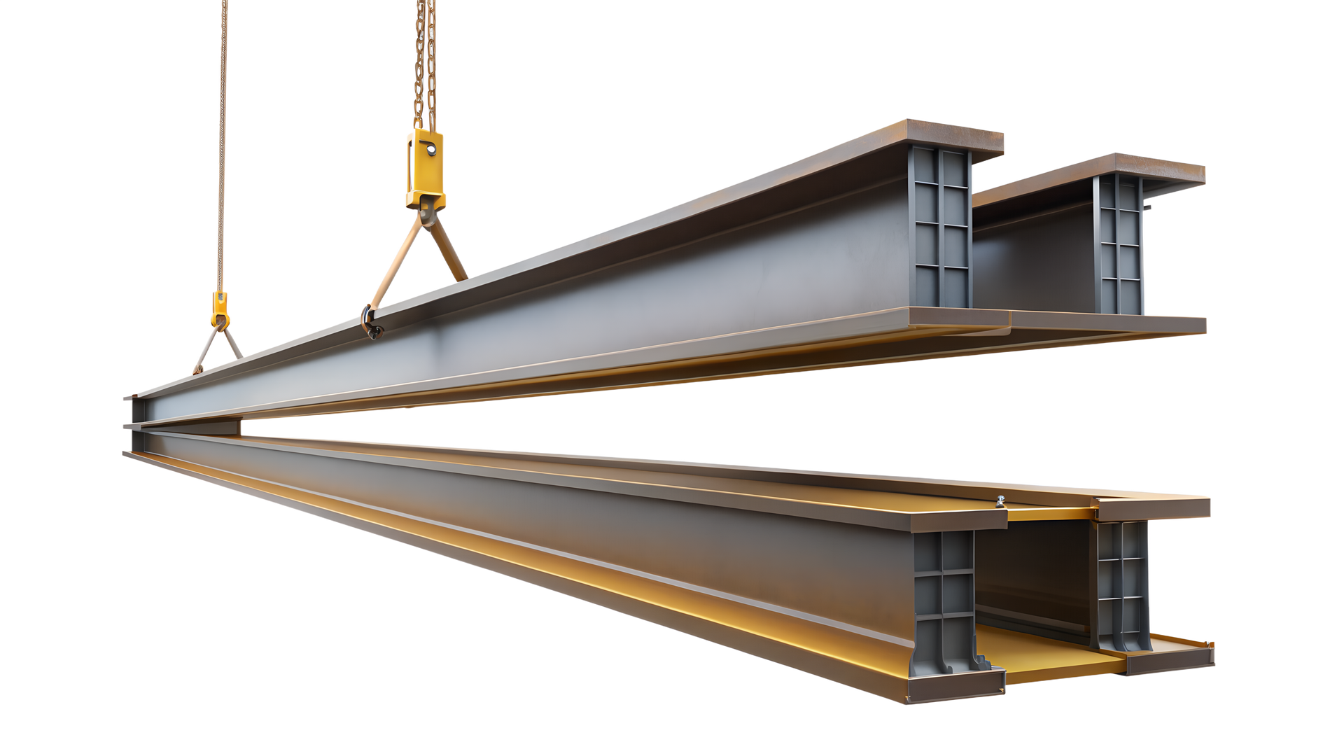 Two steel I-beams suspended by a crane, against a white background.
