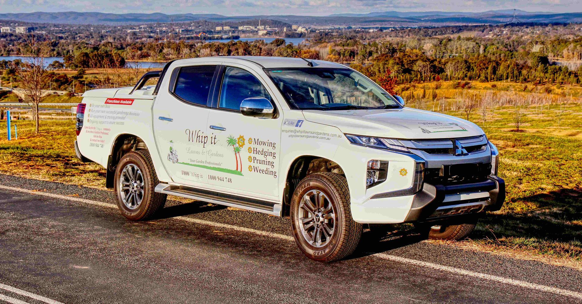 A white truck is parked on the side of the road.