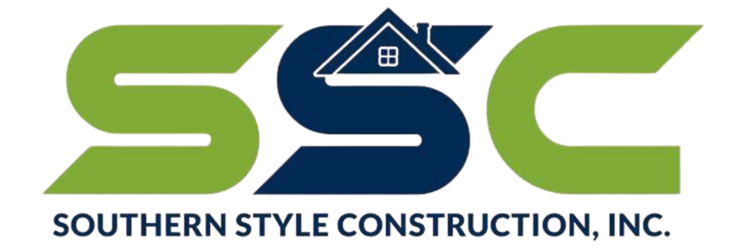 Logo for Southern Style Construction, Inc. with green and navy-blue stylized letters SSC, roof graphic, and tagline.