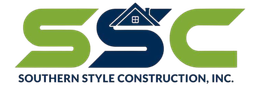 Logo for Southern Style Construction, Inc. with green and navy-blue stylized letters SSC, roof graphic, and tagline.