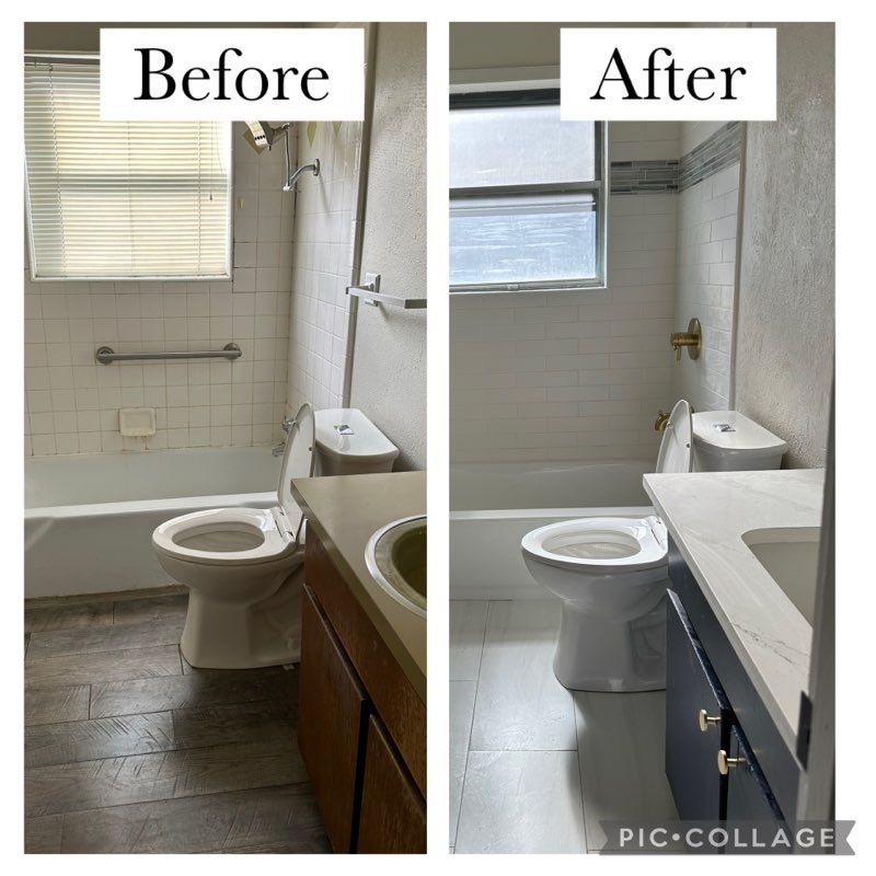 Bathroom renovation: before and after shots. White walls, new sink cabinet, and updated fixtures.