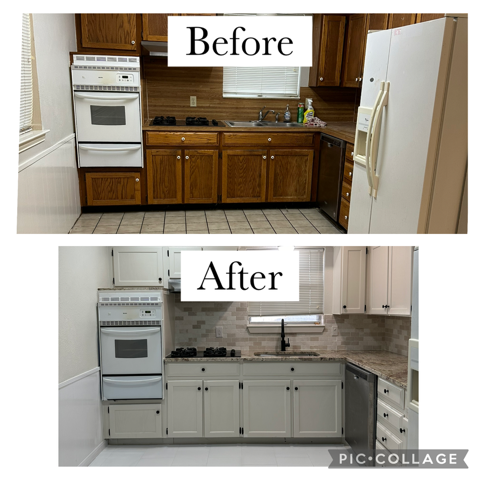 Kitchen remodel comparison: Before image shows wood cabinets, After image shows white cabinets, new backsplash, and appliances.