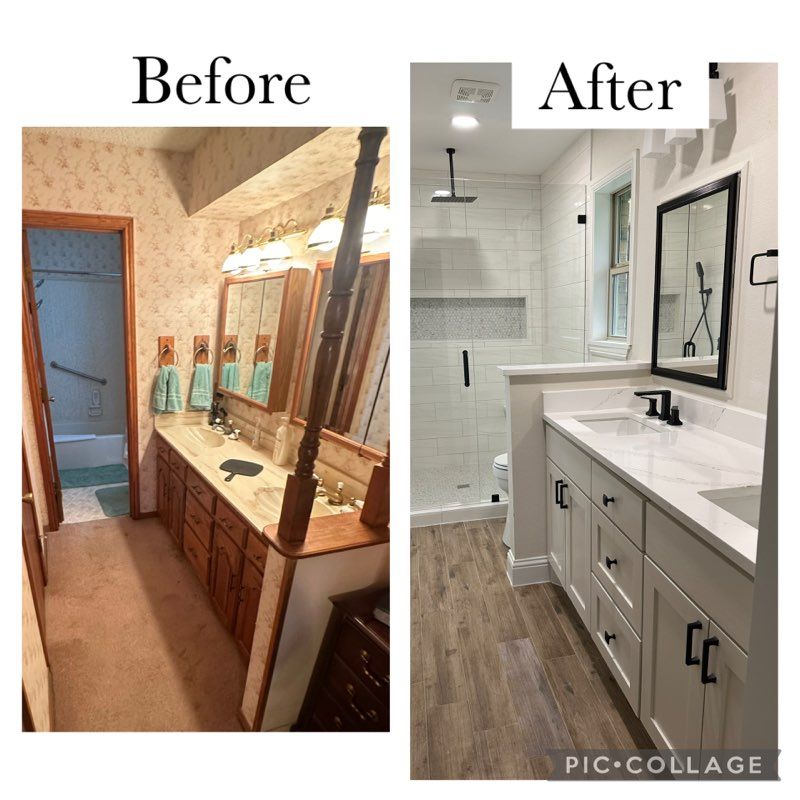 Bathroom remodel comparison: before (brown cabinets, patterned wallpaper) and after (white cabinets, tiled shower).