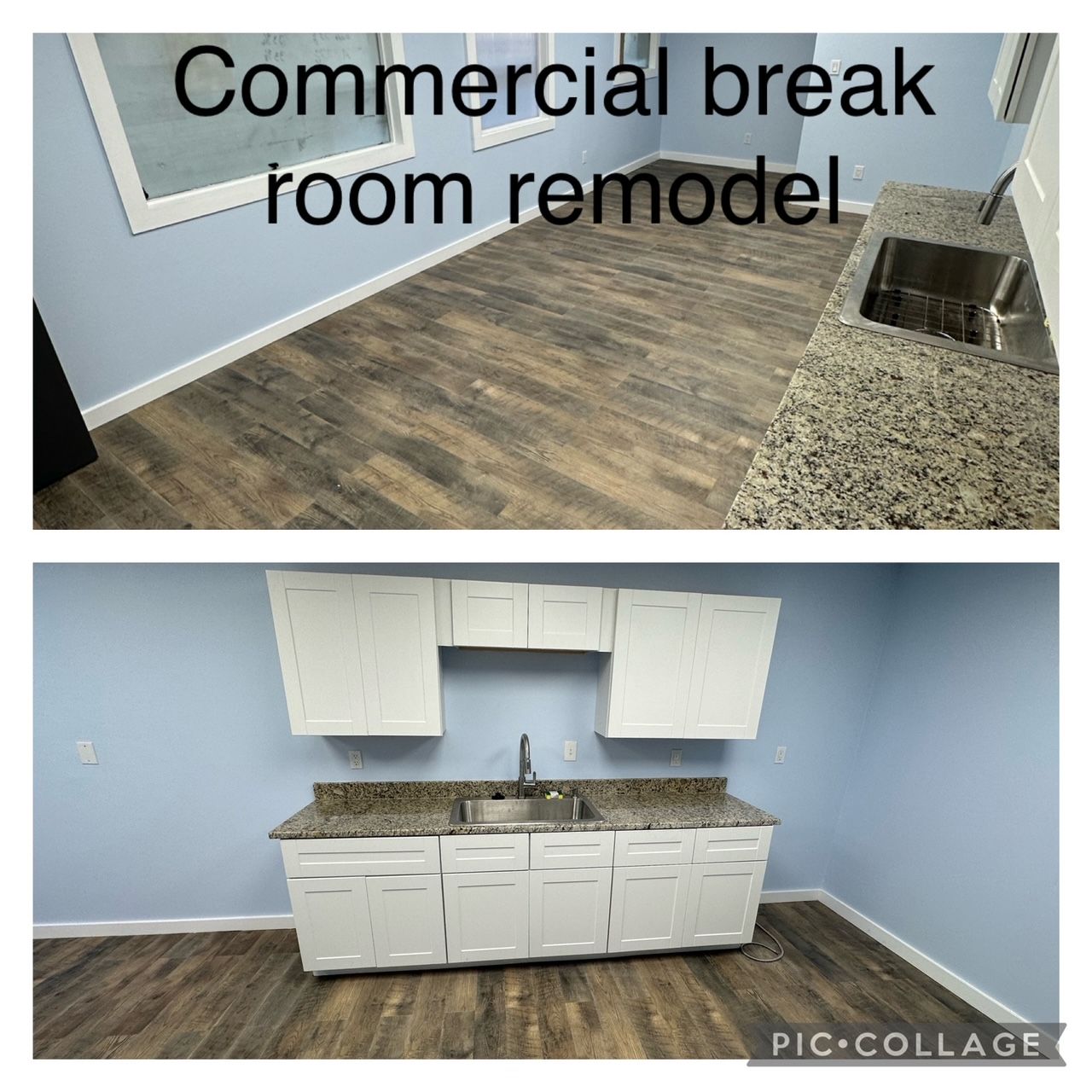 Two images show a commercial break room remodel with a sink, cabinets, and wood flooring.