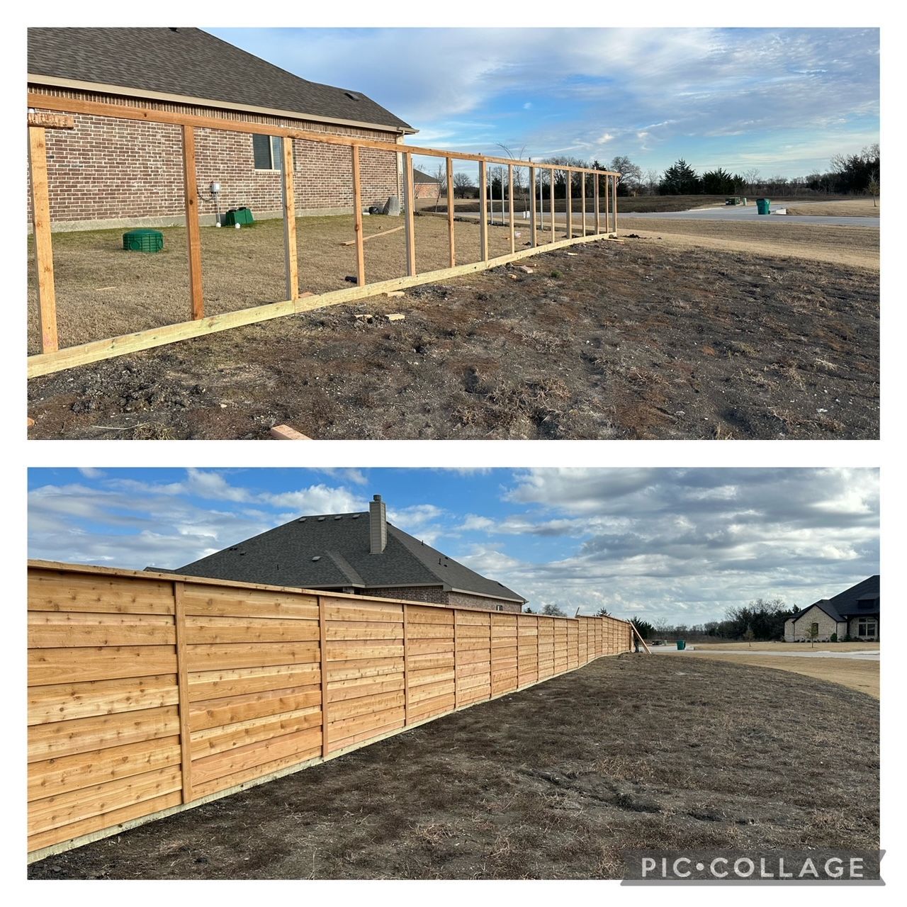 Top: unfinished wooden fence frame along a house. Bottom: completed wooden fence. Cloudy sky.