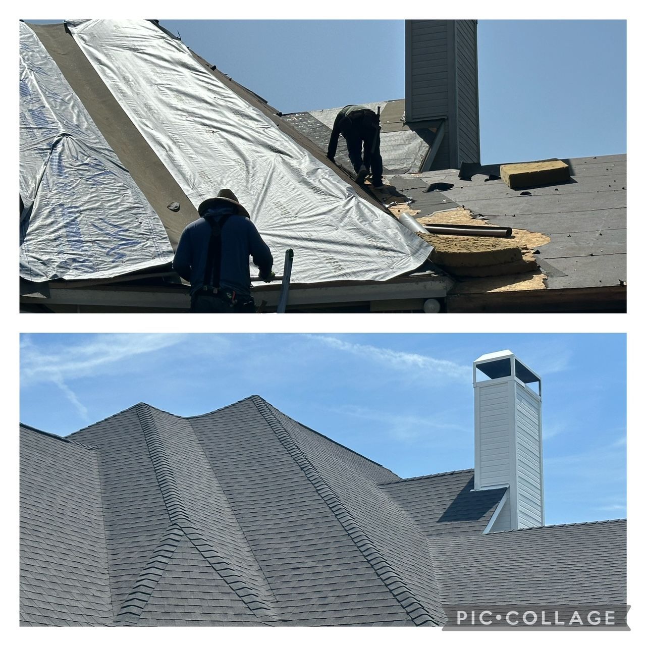 Top: Workers repairing a roof with a tarp. Bottom: New asphalt shingle roof, chimney against blue sky.