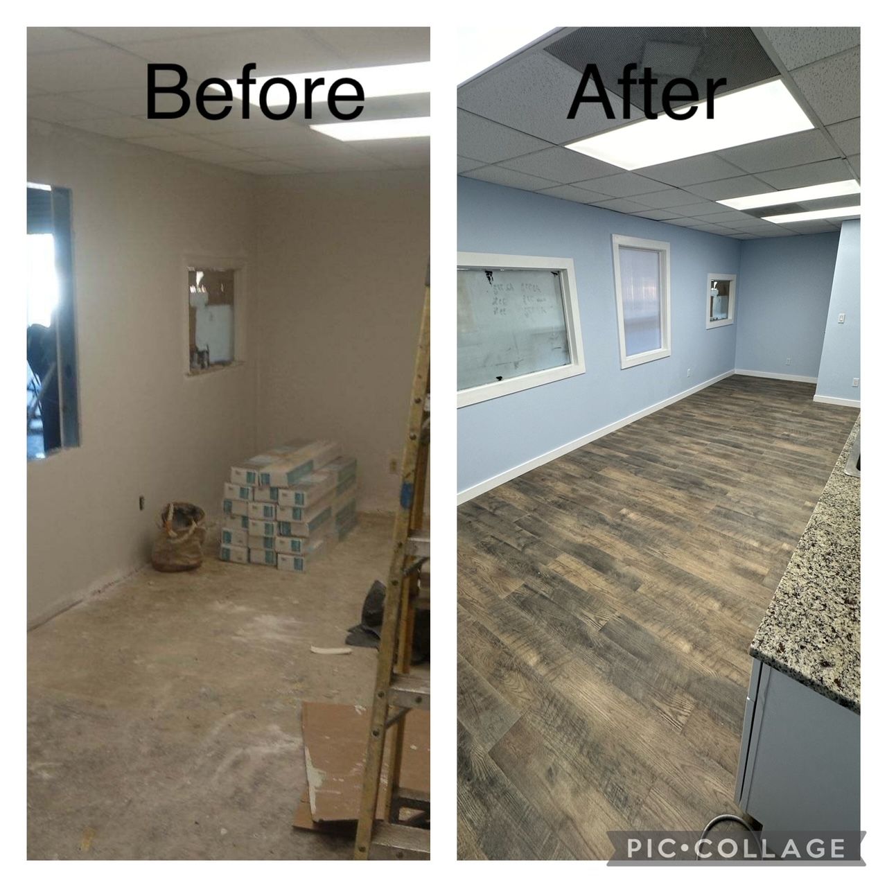 Room renovation before and after: bare room becomes a room with wood flooring, blue walls, white trim and ceiling.