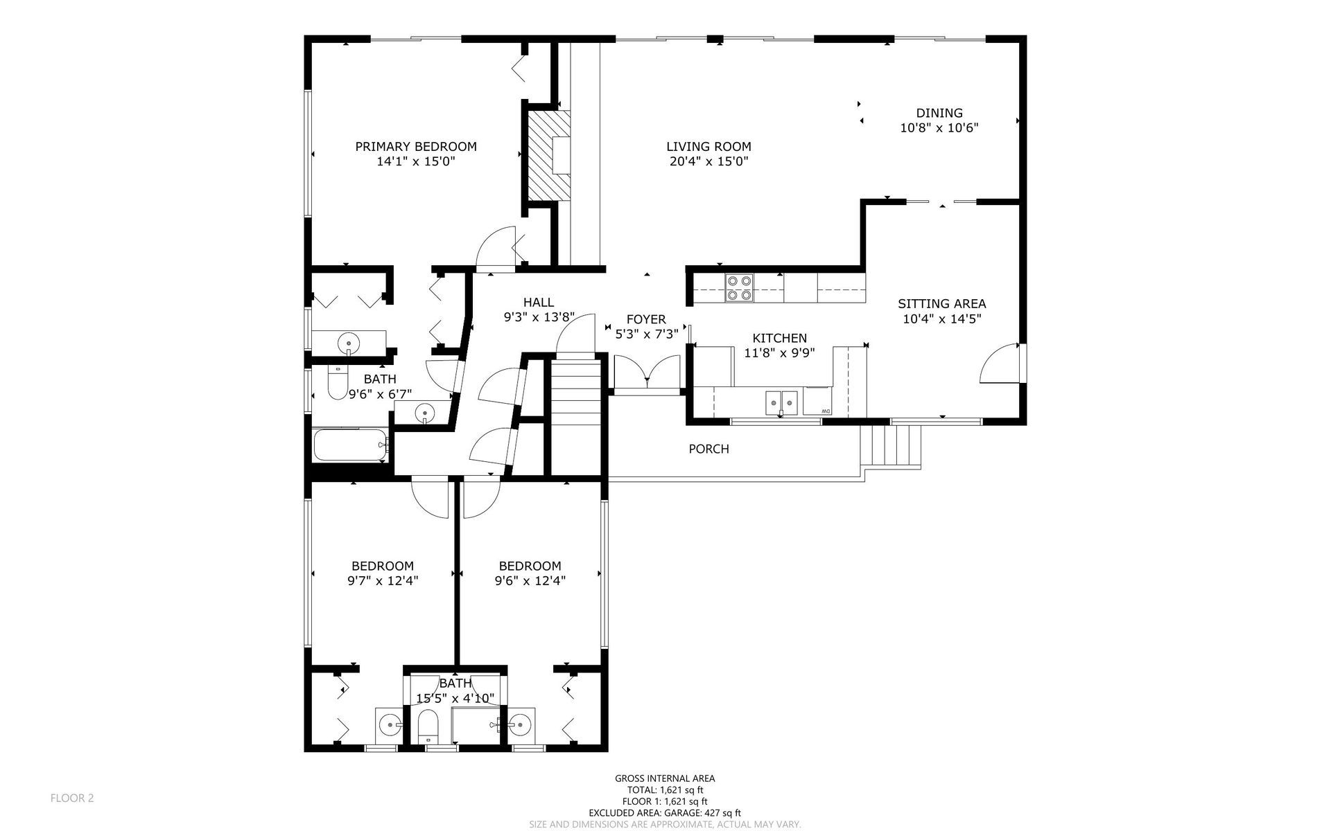 Floor plan of a house, showing rooms like living room, kitchen, bedrooms, and bathrooms. Features labeled areas with dimensions.