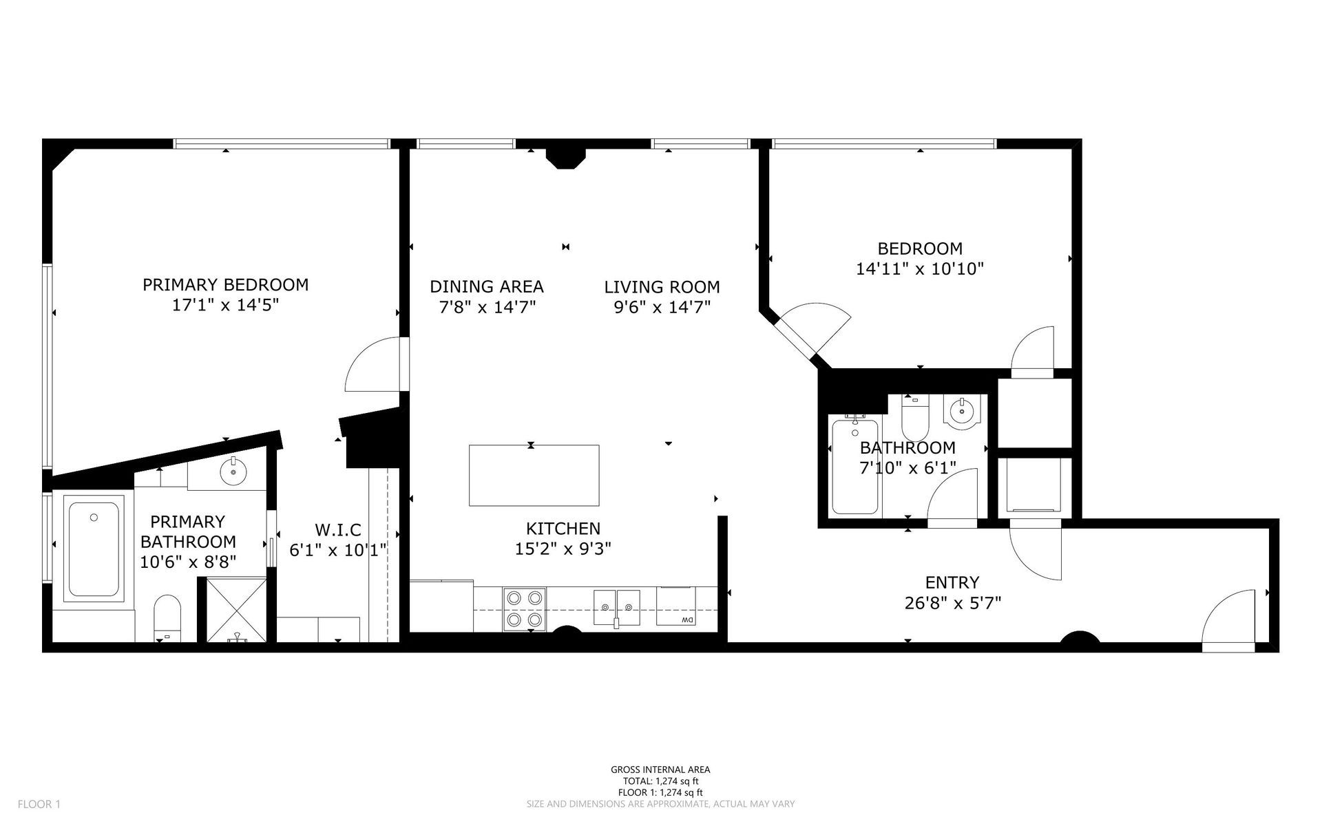 Floor plan showing two bedrooms, a kitchen, living and dining areas, and bathrooms.