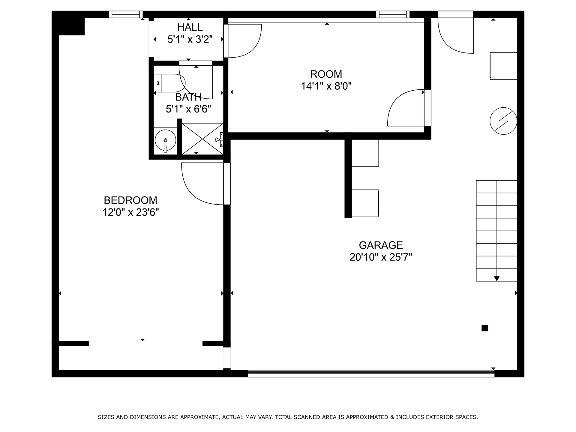 A floor plan of a house with a bedroom and a garage.