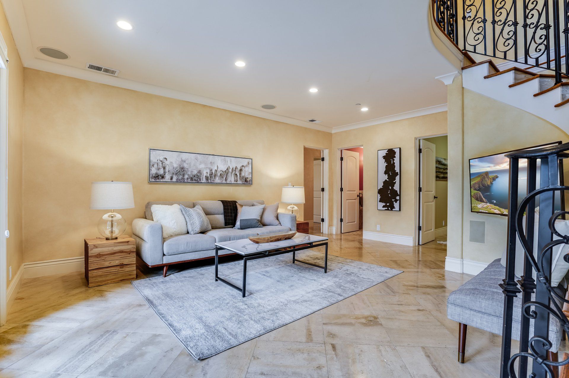 A living room with a couch and a coffee table
