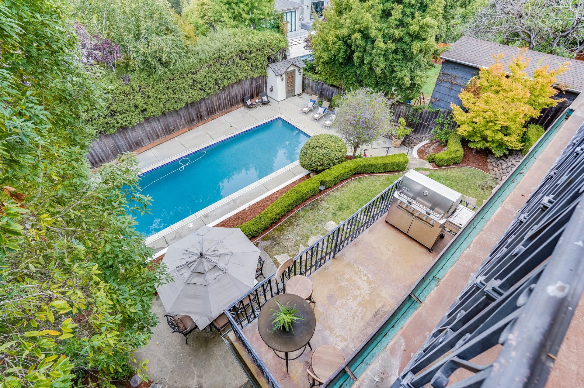 An aerial view of a backyard with a large swimming pool surrounded by trees.