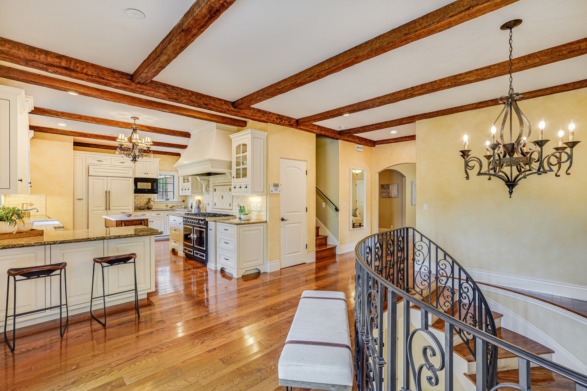 There is a staircase leading up to another floor of the house.