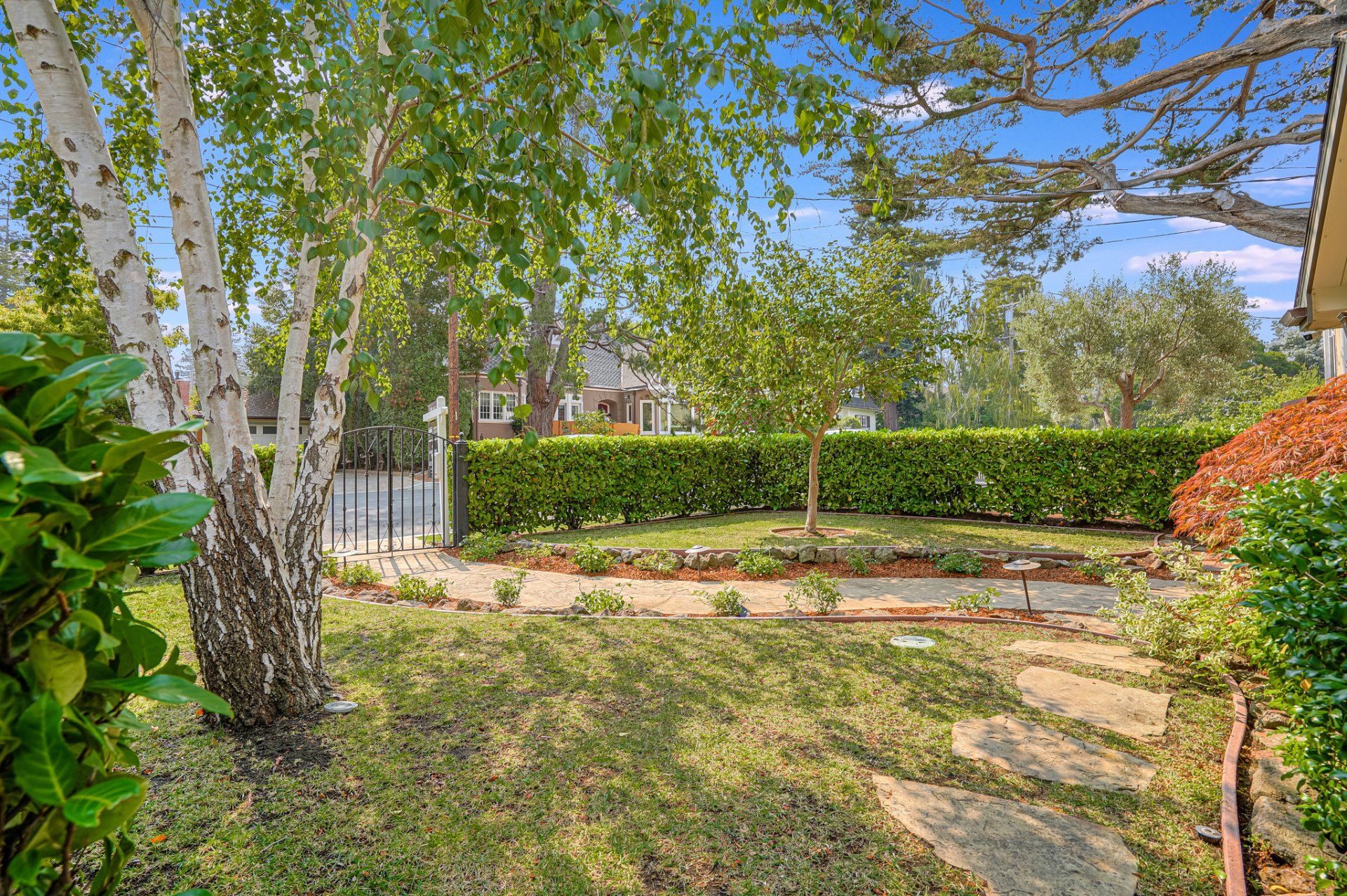 A lush green yard with trees and a path leading to a house.