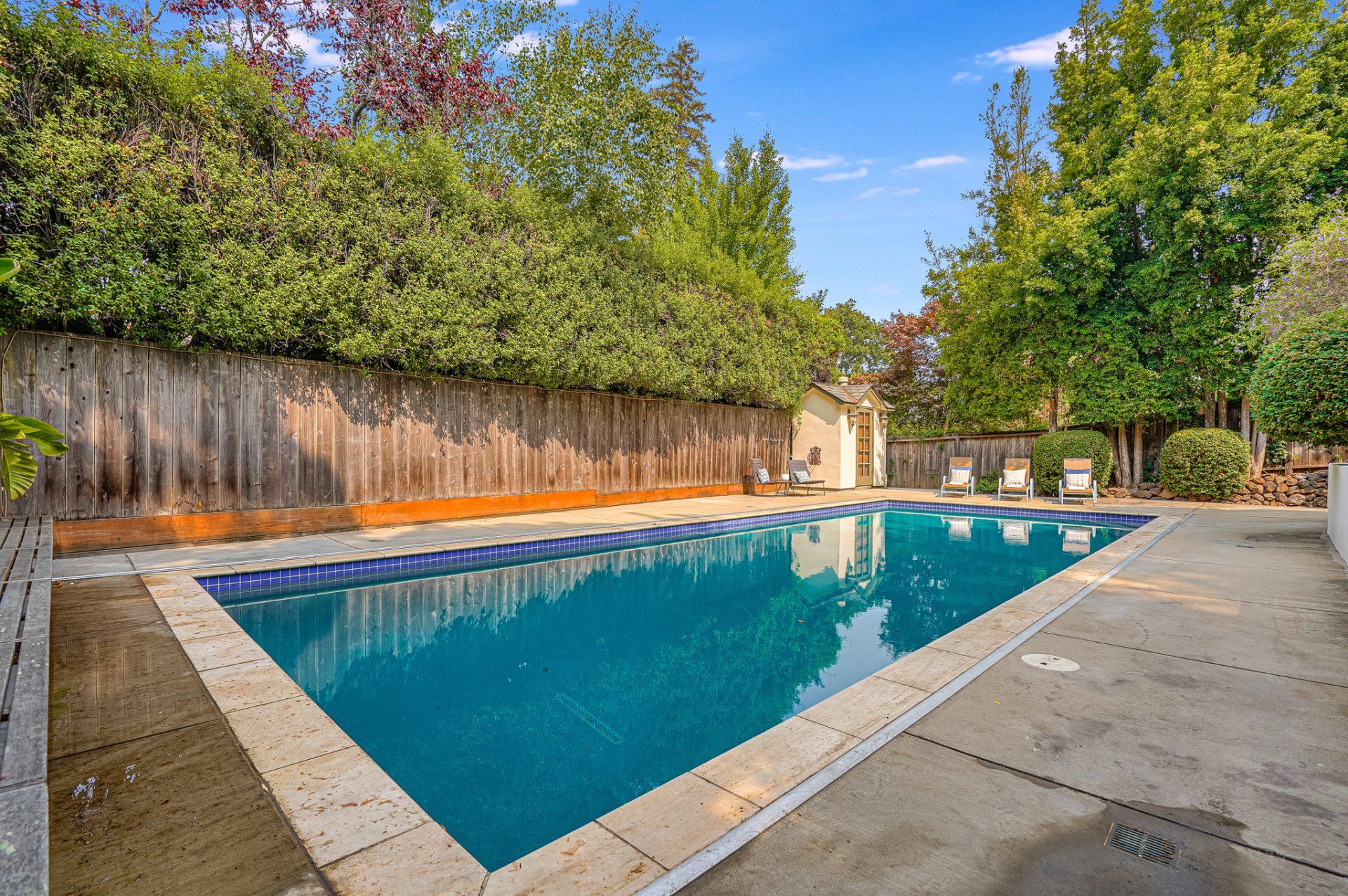 Backyard pool surrounded by a concrete patio, wooden fence, and lush greenery. Lounge chairs sit near the pool.