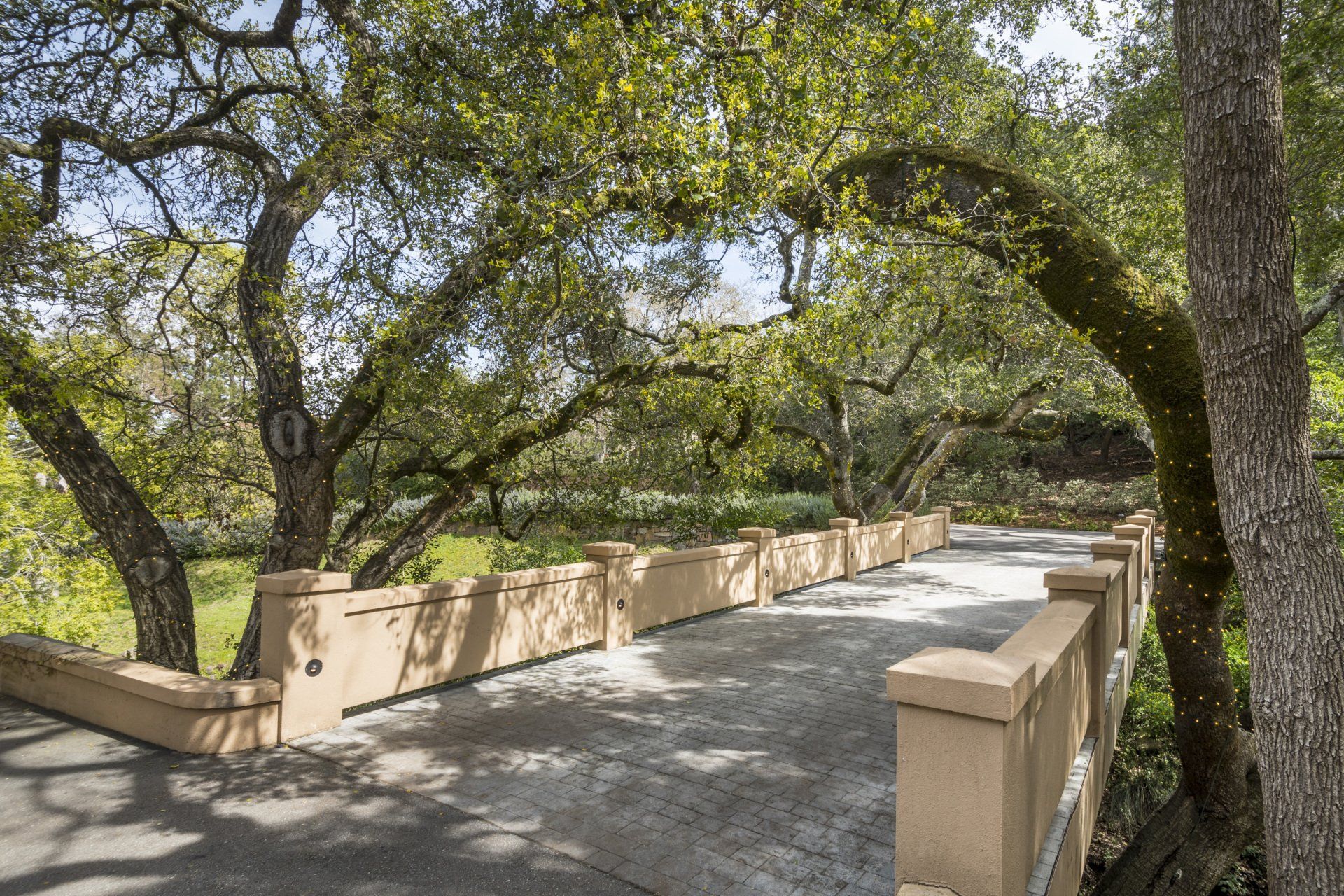 There is a bridge surrounded by trees.
