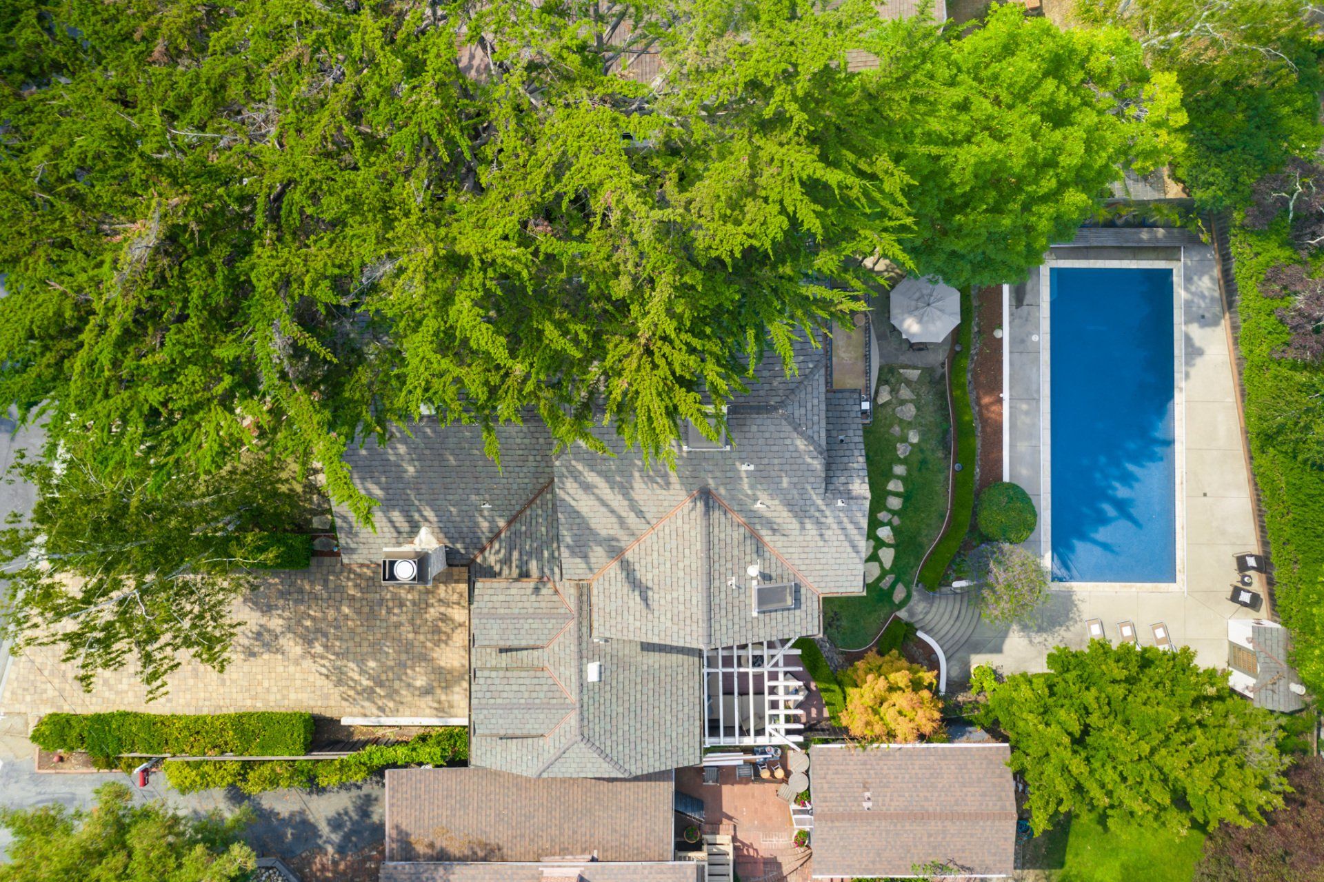 Overhead view of a house with a pool and surrounding greenery. The blue pool is rectangular. Lush trees shade the roof.