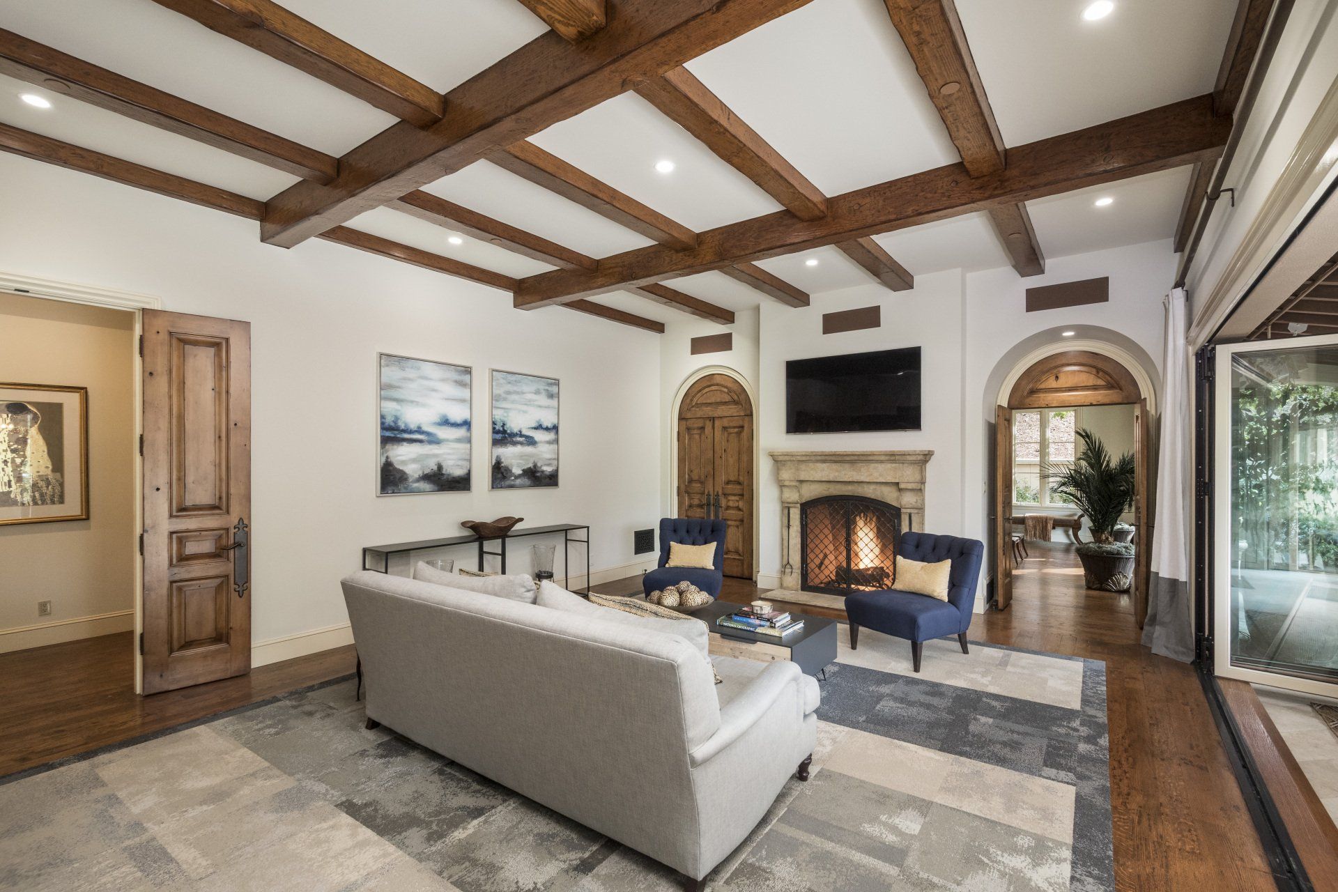 A room with a fireplace and a couch