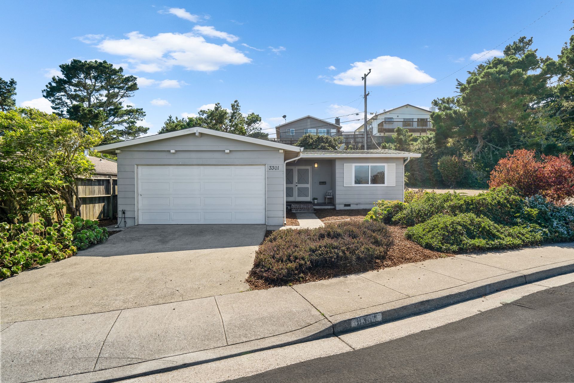A house with a white garage door.