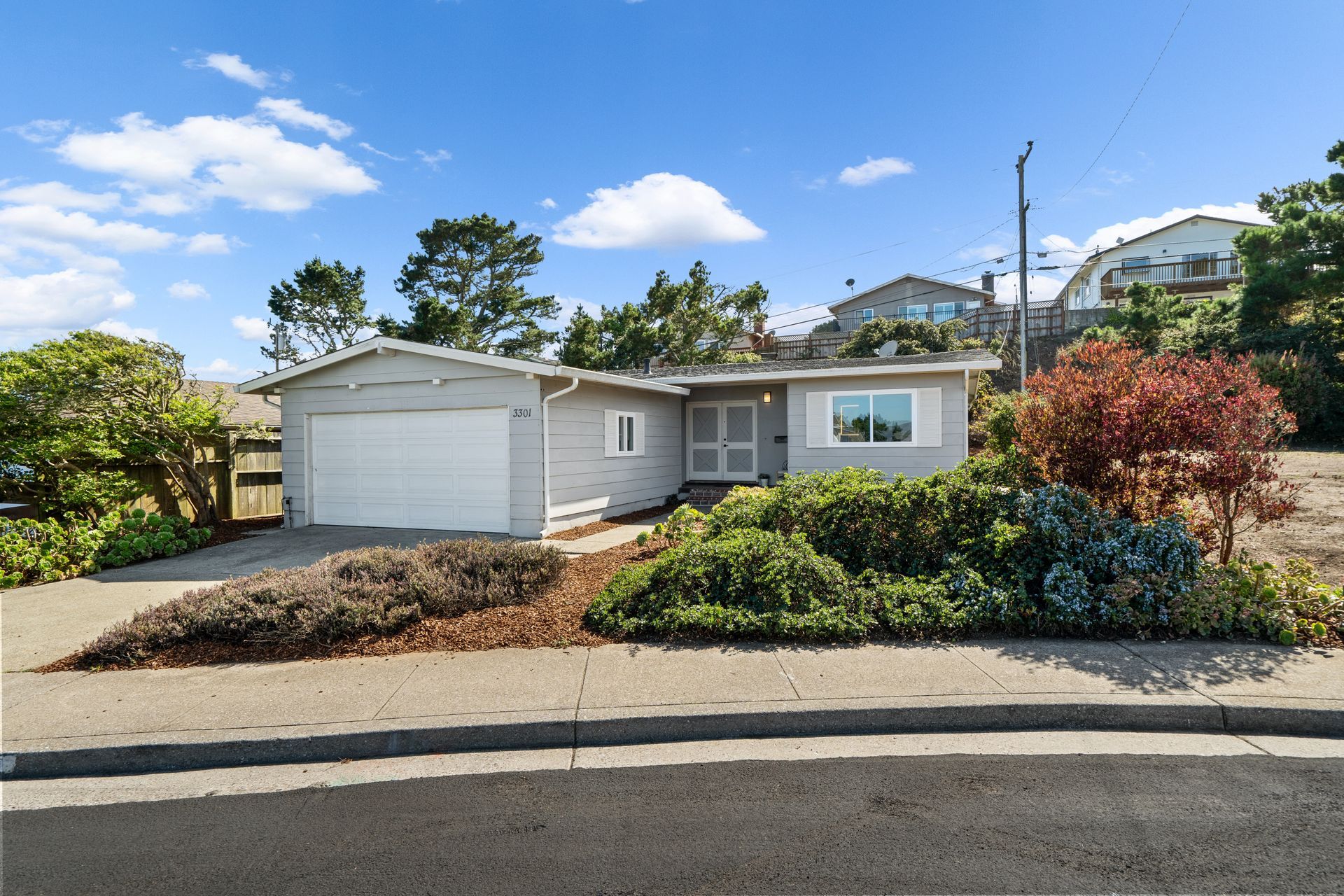 The front of a house with a garage and a driveway.