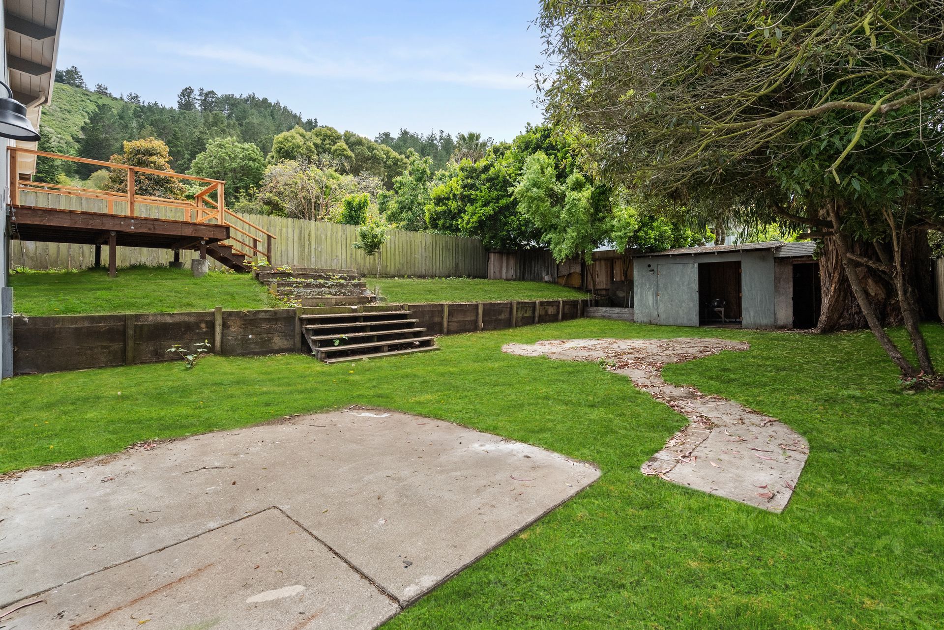 A lush green yard with a wooden deck.