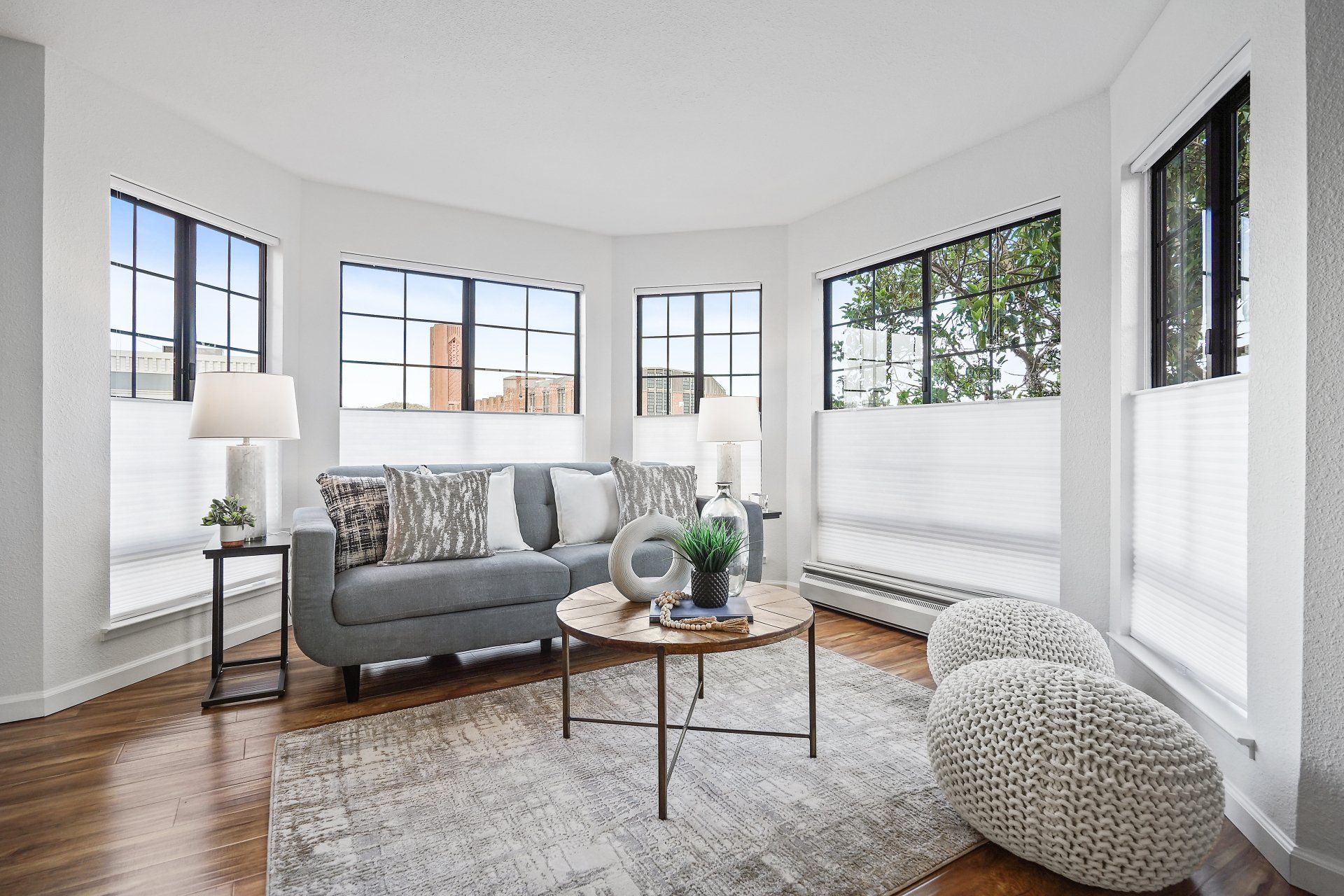 A living room with a couch and a coffee table