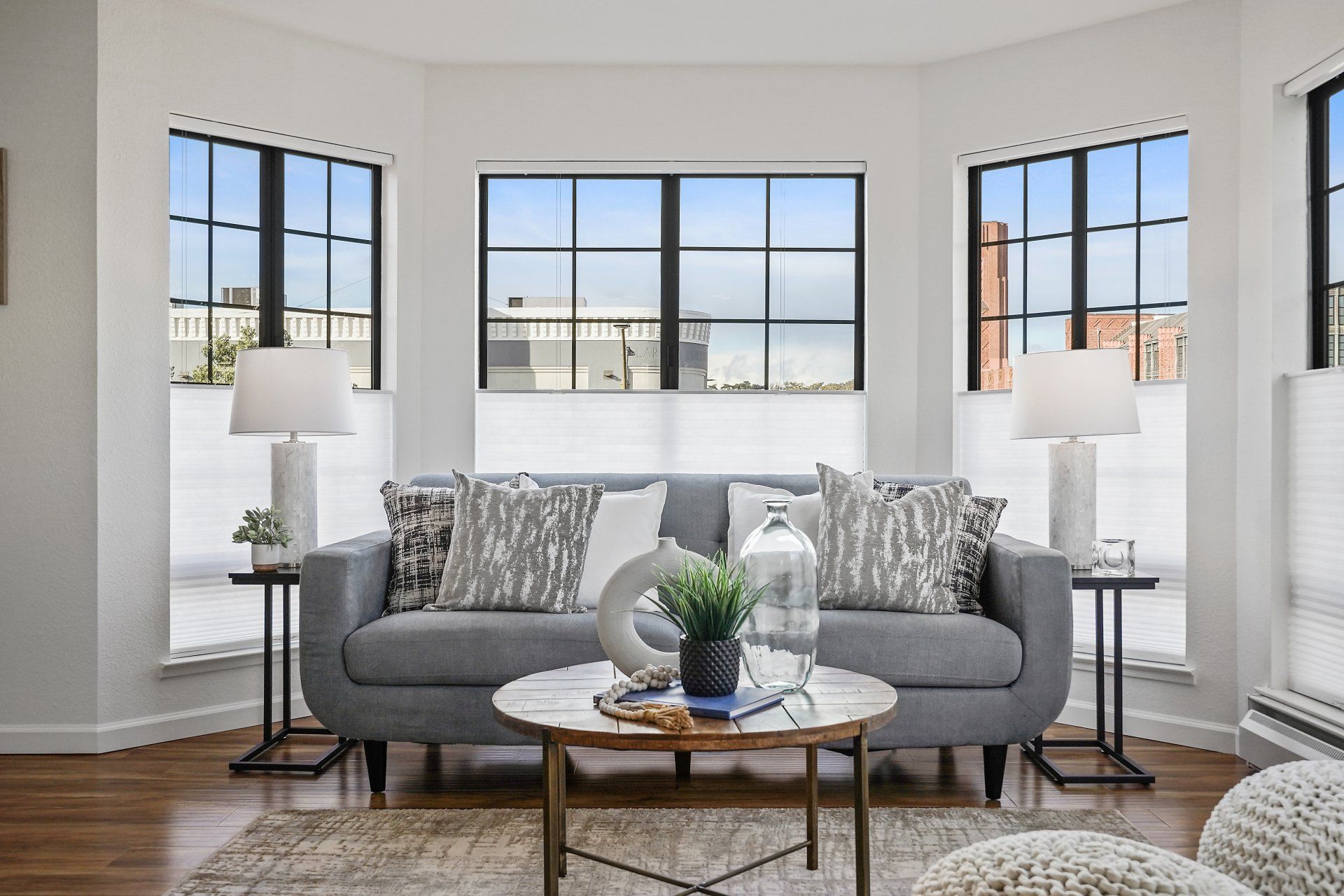 A living room with a couch and a coffee table