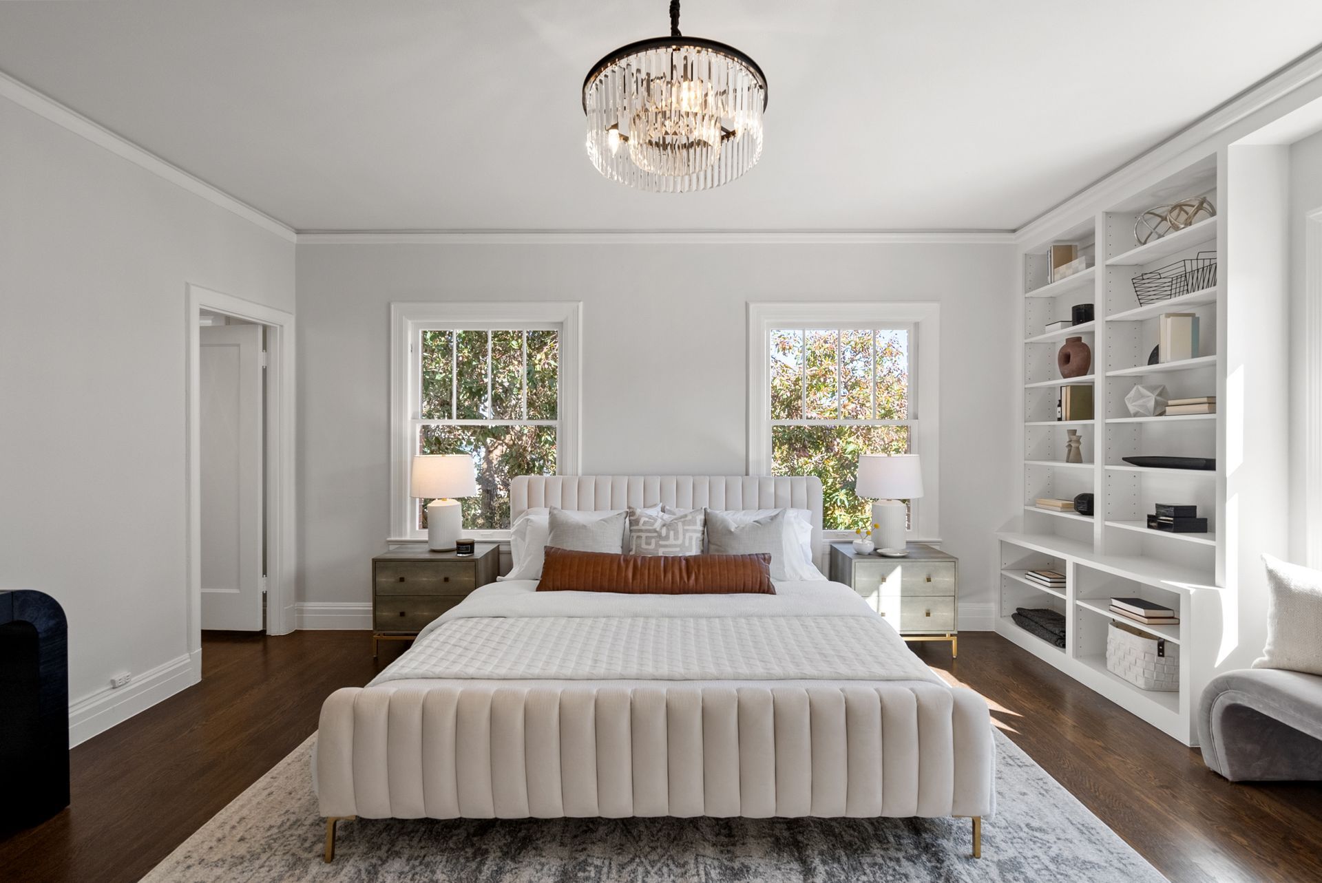 There is a large bed in the middle of the room.