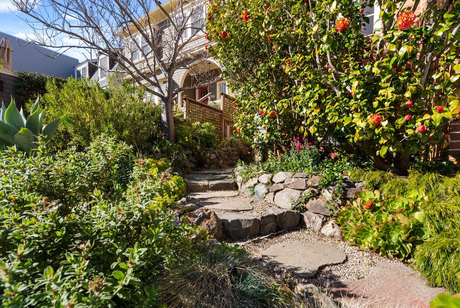 A stone path leading to a house surrounded by trees and bushes.