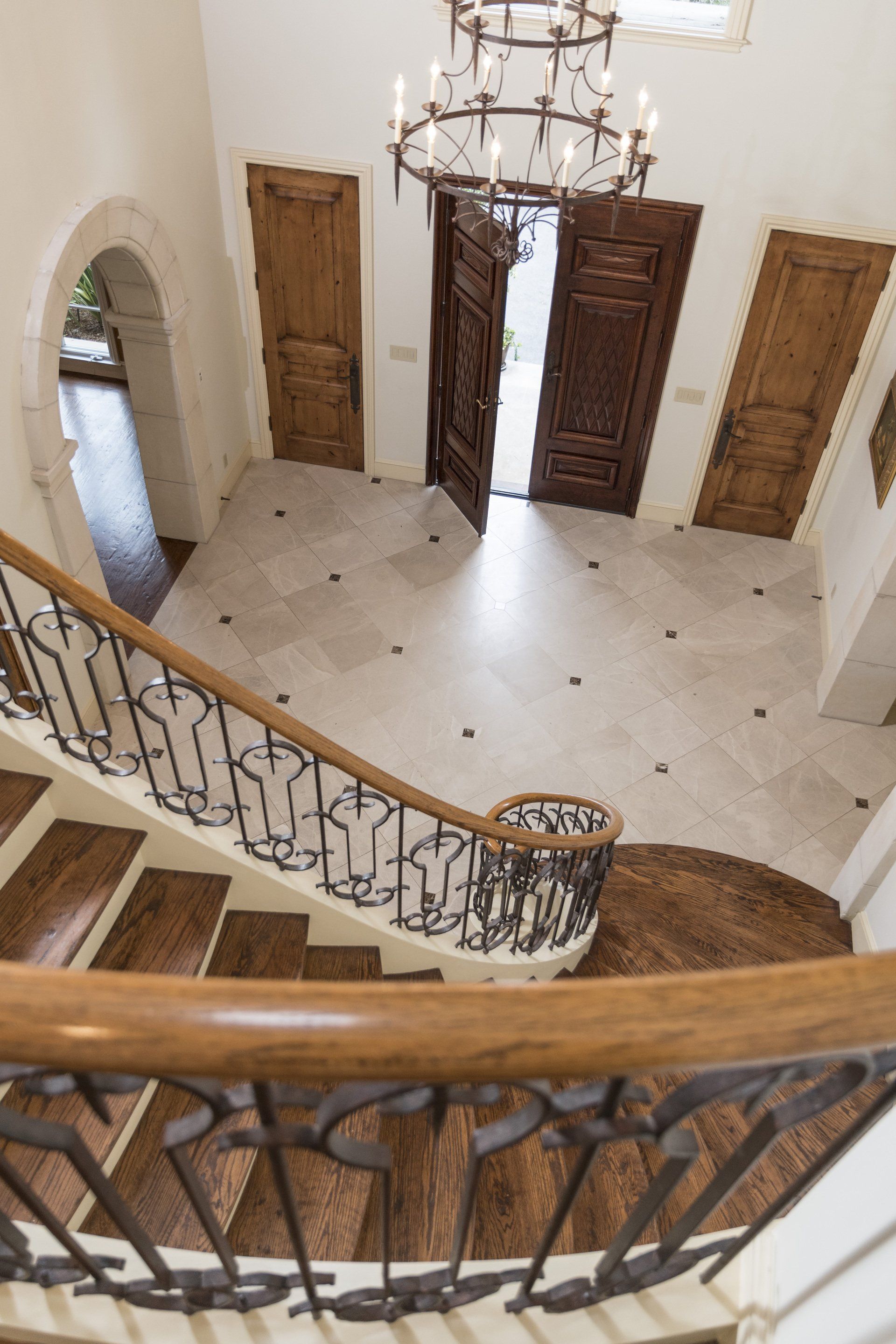An aerial view of a staircase in a house