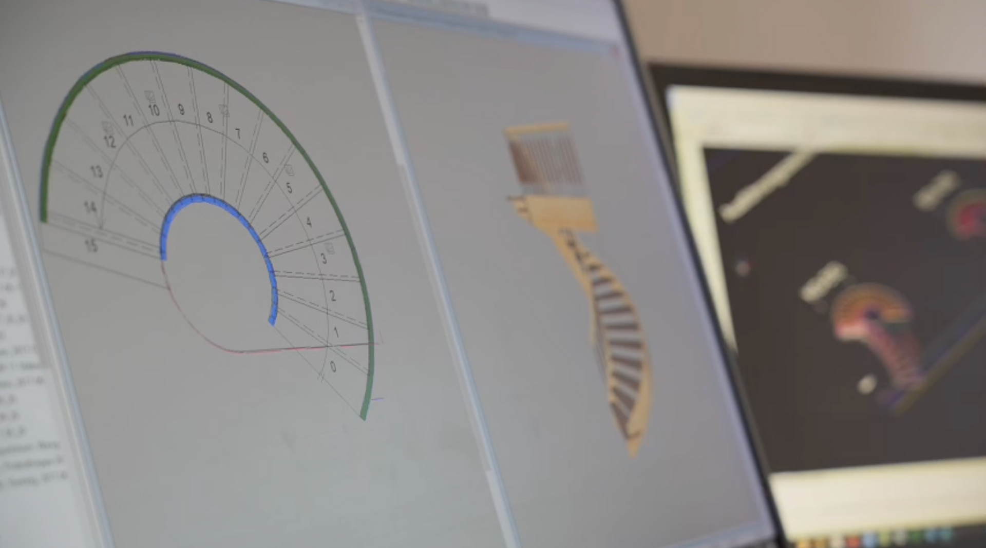 Computermonitor mit einer 3D-Messdiagramm- und einer gestreiften Rückenillustration, daneben ein verschwommener zweiter Bildschirm.