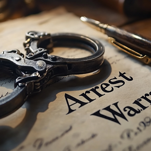 Close-up of an arrest warrant with handcuffs and a pen, suggesting legal proceedings.