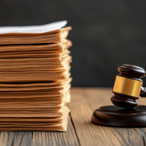 Stack of documents next to a gavel on a wooden table, in front of a dark background.