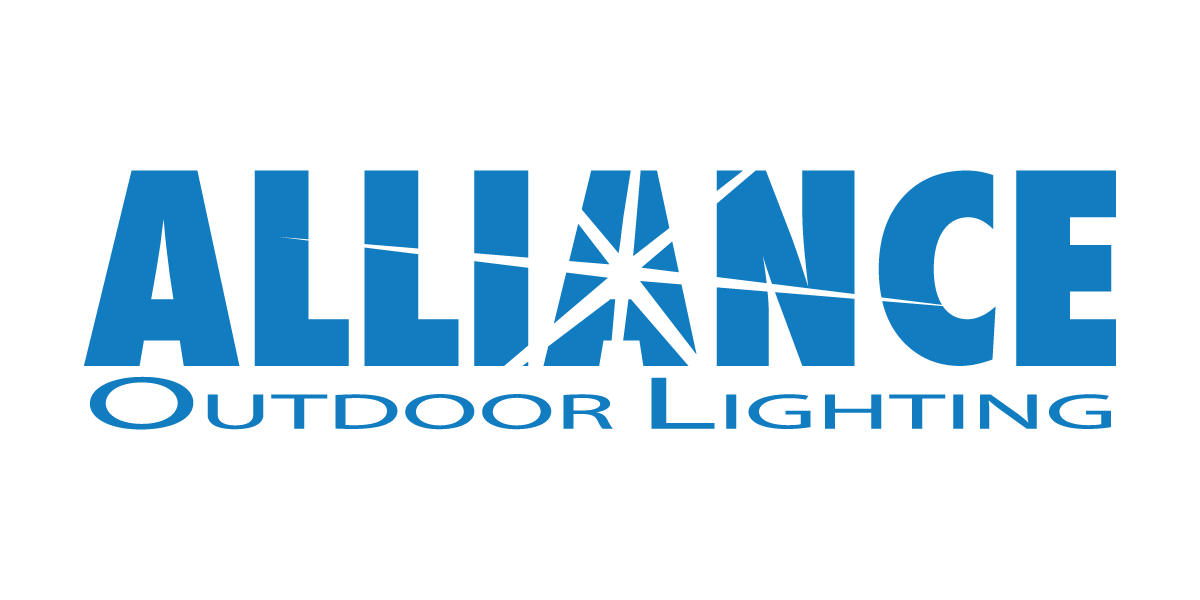 Logo for Alliance Outdoor Lighting; blue text with a starburst design, white background.