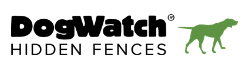 DogWatch Hidden Fences logo: black text, green dog silhouette, company name, for invisible fences.