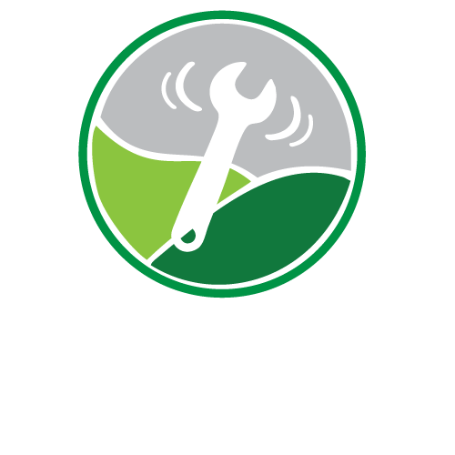 Green circle with a white wrench, representing equipment repair. Text reads